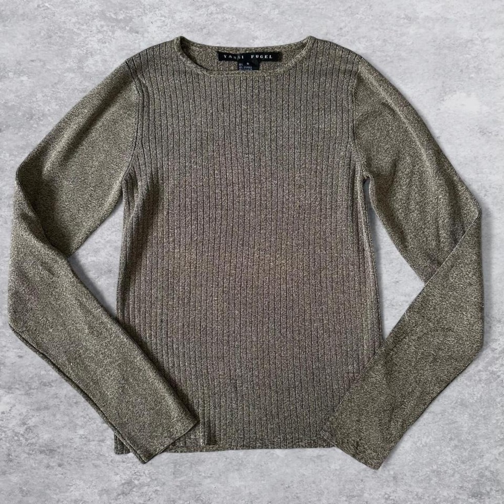Yansi Fugel Silk Womens‎ Ribbed Metallic Long Sleeve Top Olive Gold Crew Neck